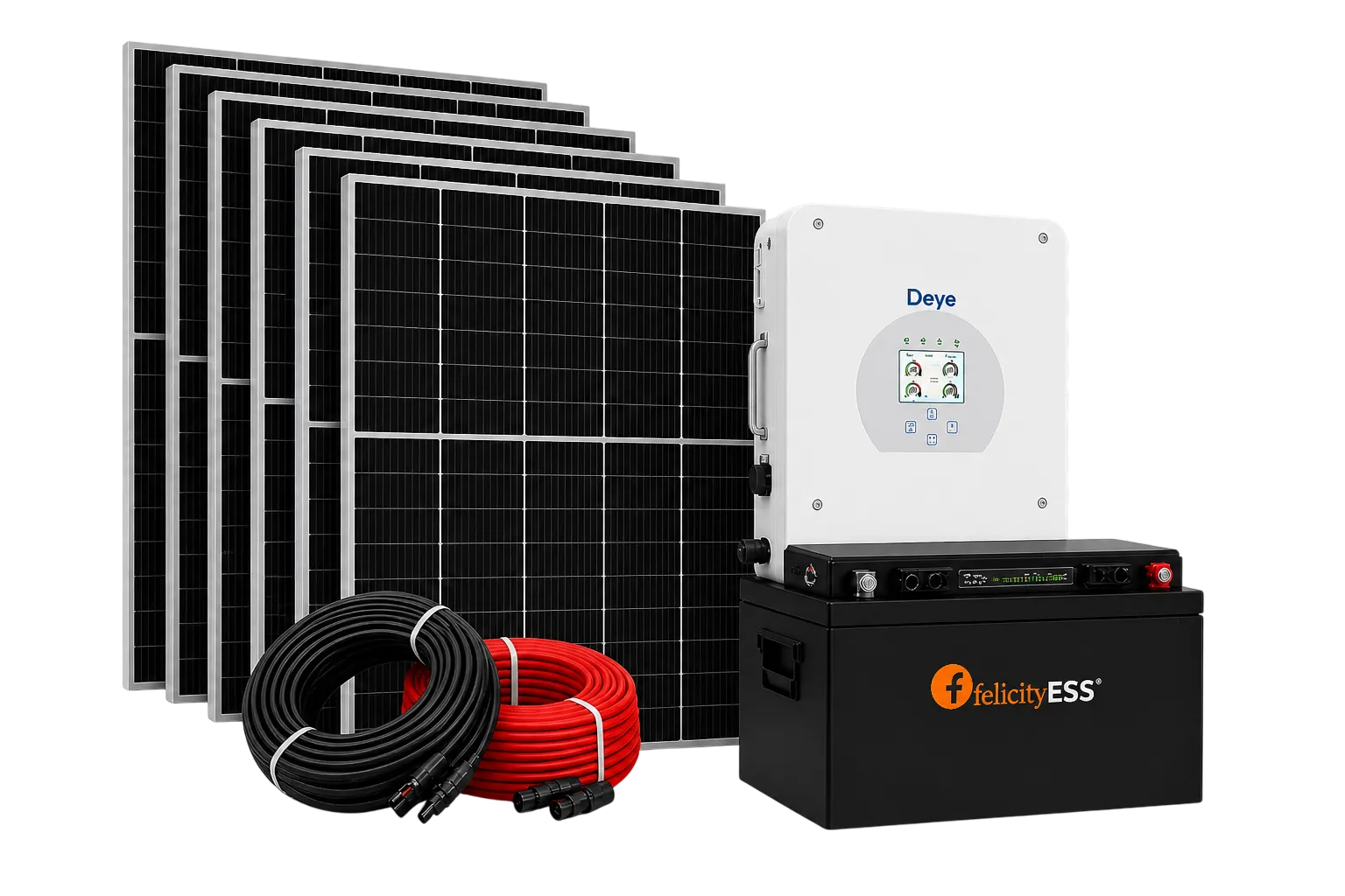 Kit solar fotovoltaico com 6 painéis 600W, inversor Deye 3,6 kW, bateria Felicity 5 kWh e kit anti-apagão para instalação residencial em Lisboa — Simina TECH