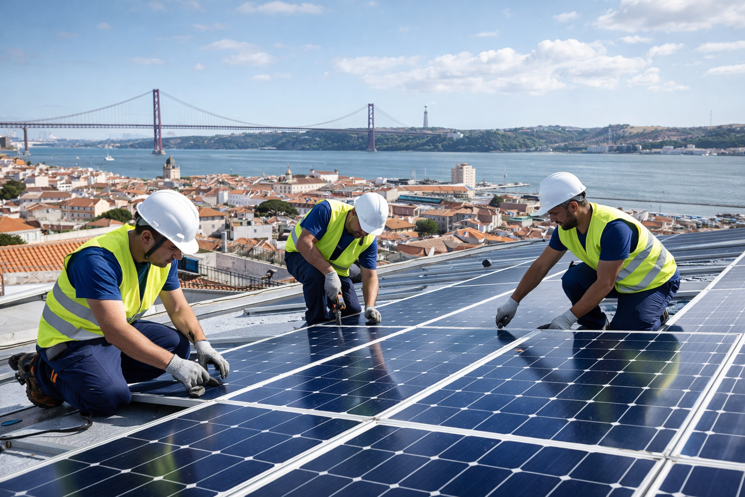 Técnicos certificados da Simina TECH a instalar painéis solares em Lisboa, com a Ponte 25 de Abril ao fundo